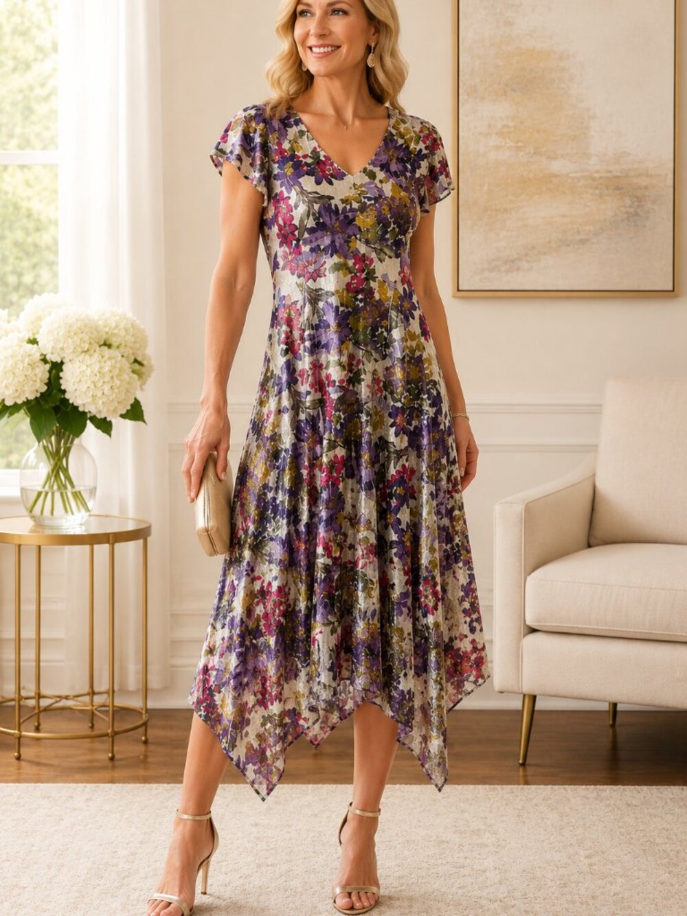 Komarov Floral Lace Overlay V-Neck Pleated Fit and Flare Midi Dress XL